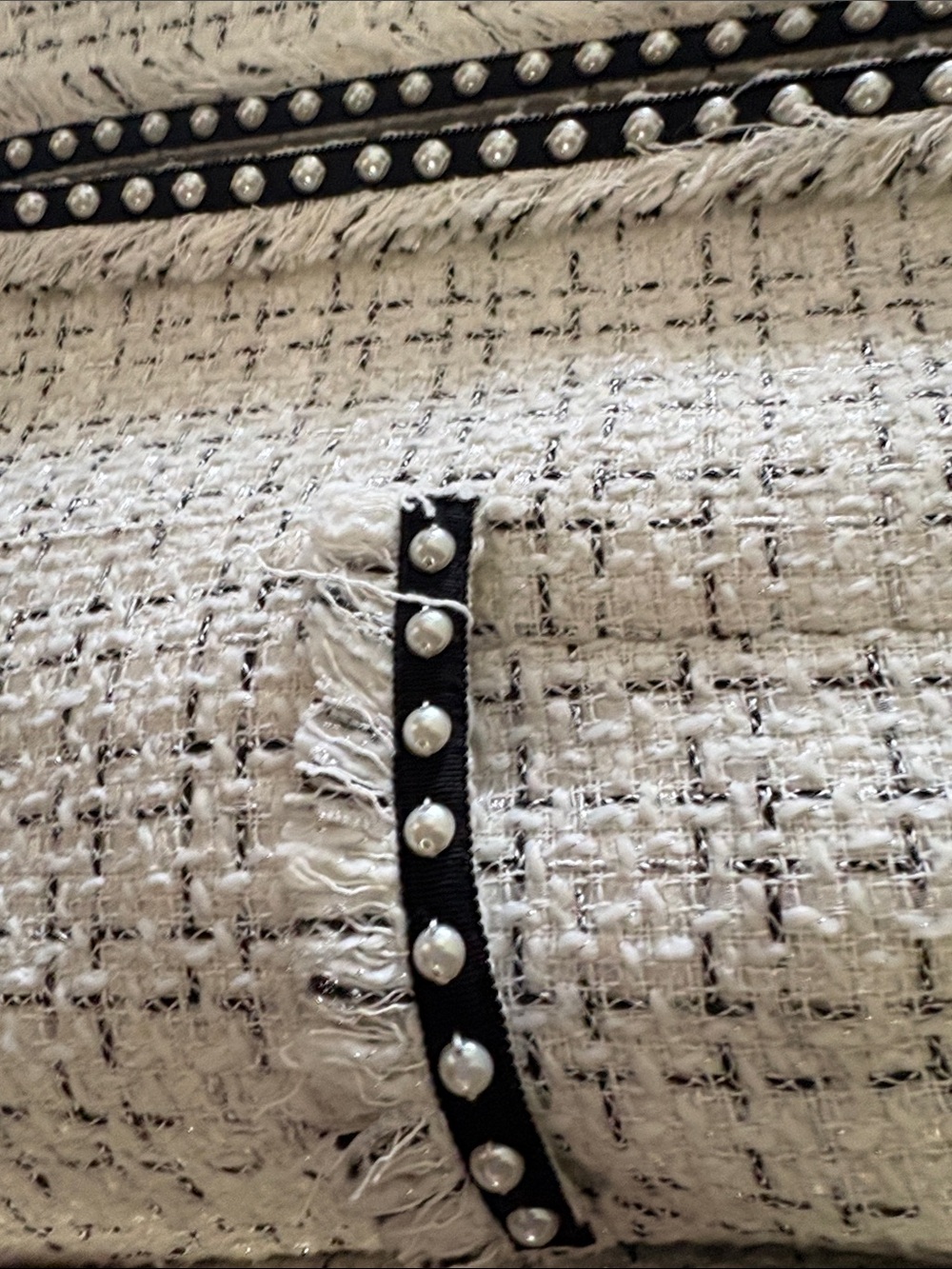 Tahari White Tweed Collarless Jacket with Black Trim and Pearl Studs - Picture 3 of 7